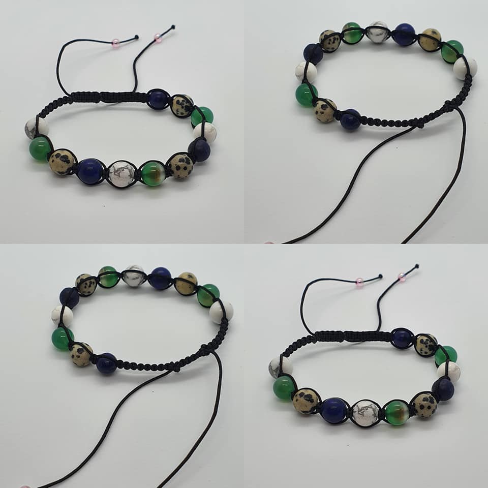 Four views of a beaded adjustable cord bracelet on a plain white background. The bracelet features Lapis Lazuli, green agate, white howlite, with a black adjustable cord closure.