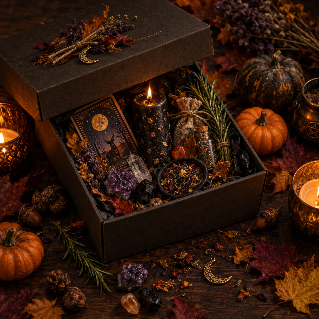 Autumnal Samhain Sabbat Box with crystals, spell candle, herbs and tarot card