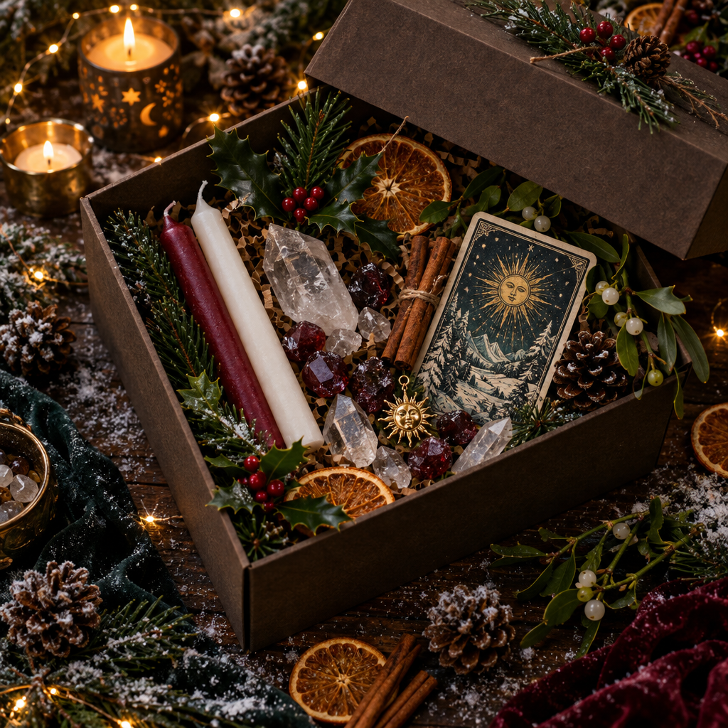 Festive witchy Yule Sabbat Box flat lay