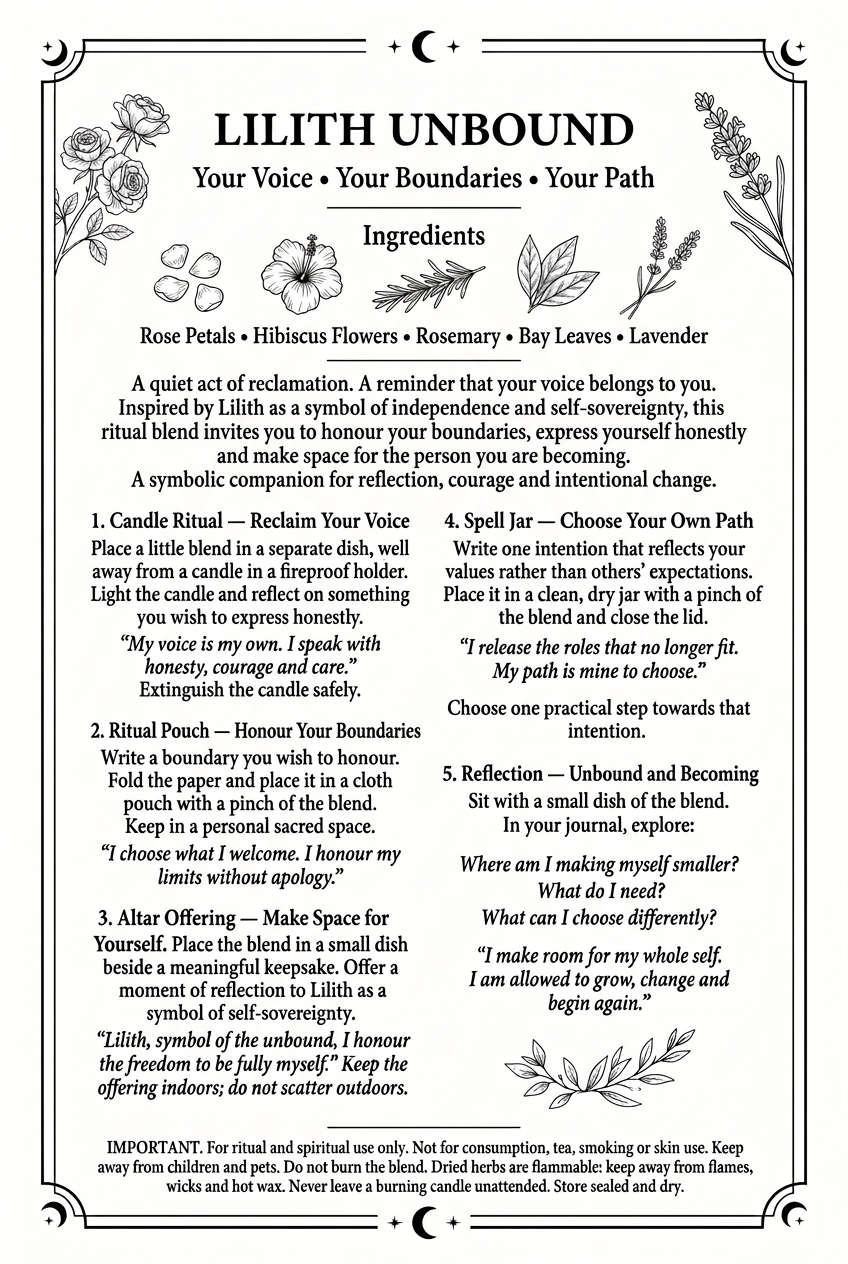 Lilith Unbound printed ritual insert with corrected word spacing