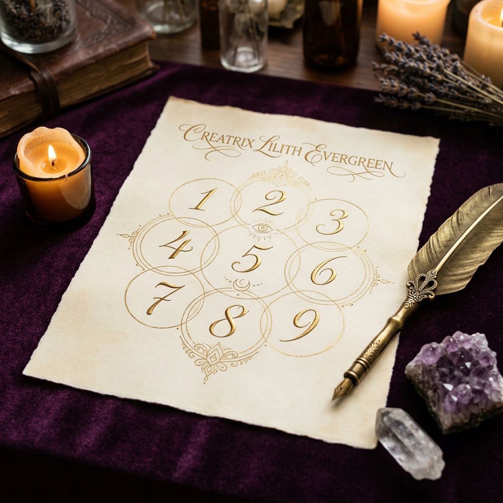 Numerology reading artwork with purple velvet, golden numbers, crystals and candlelight
